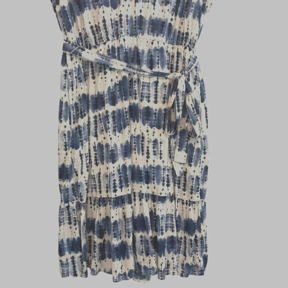 Women's Large Blue Tie Dye Midi Cotton Casual Flowy Shift Belt Nautical Dress - Picture 3 of 5
